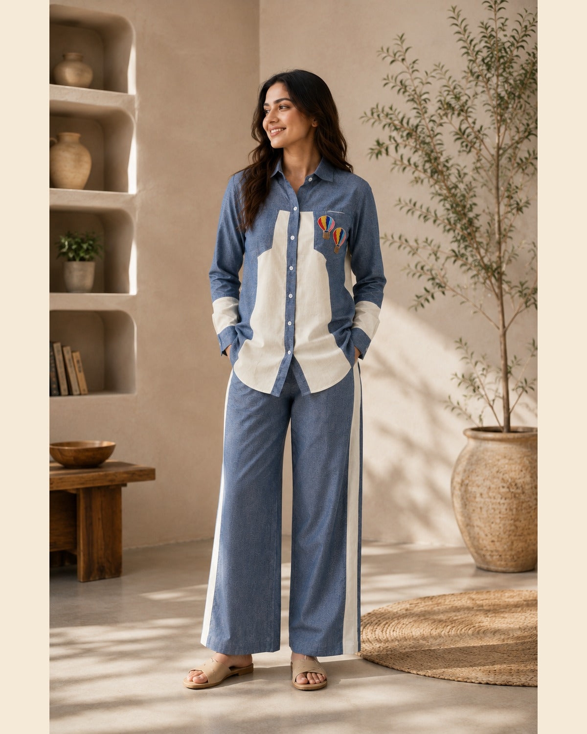 Anaya Colourblock Linen Cord-Set — Denim Blue — 1