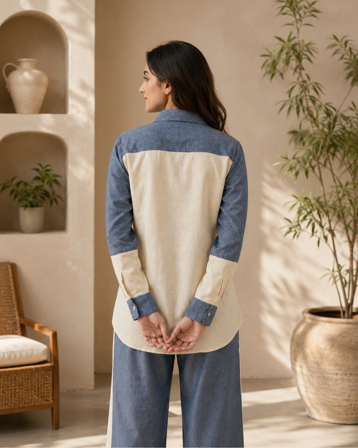 Anaya Colourblock Linen Cord-Set — Denim Blue — 3