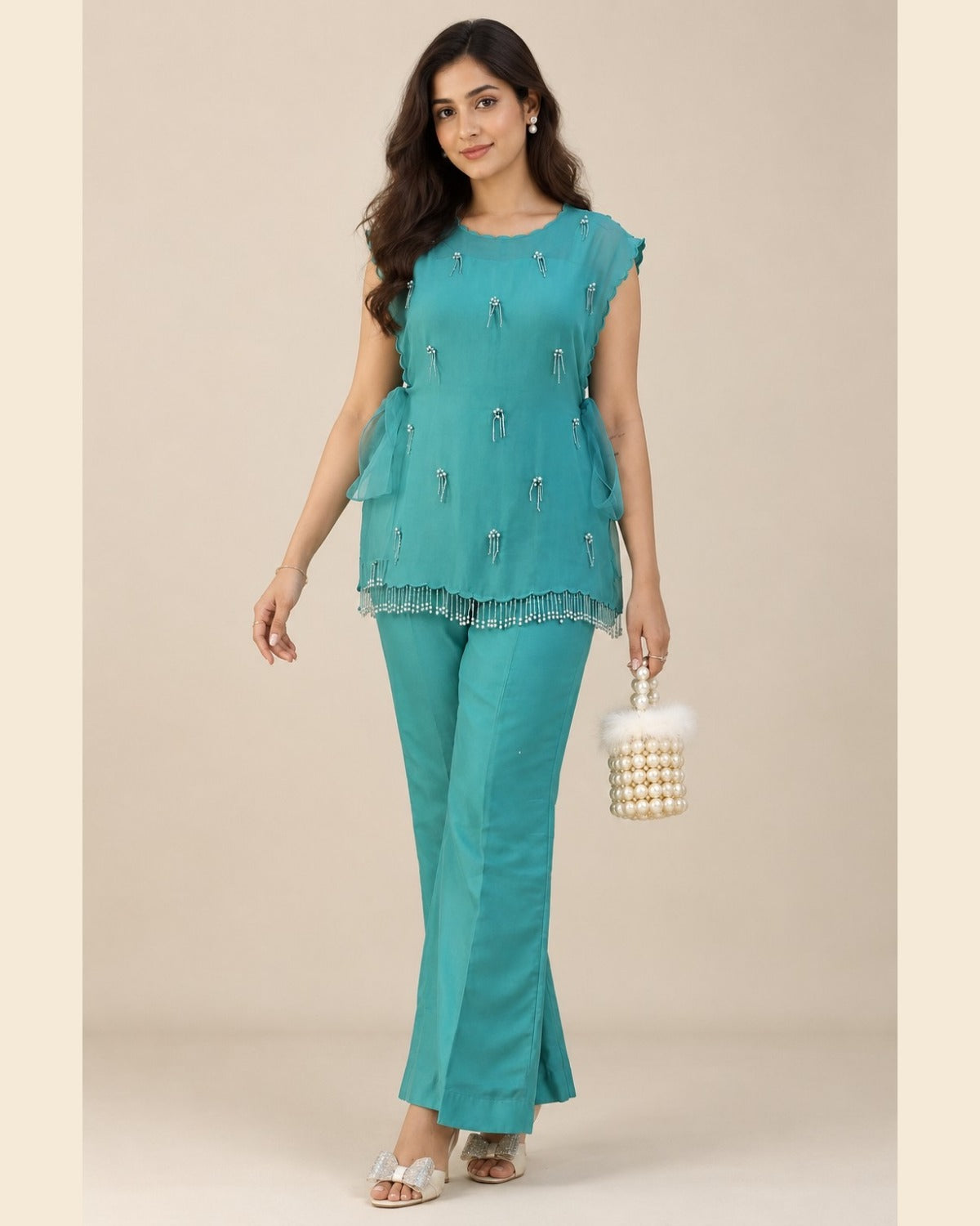 Isla Pearl-Tassel Cord-Set — Teal — 1